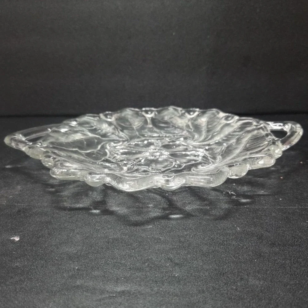 Indiana Glass‎ Handled Serving Tray, Vtg Embossed Wild Roses Design, Centerpiece